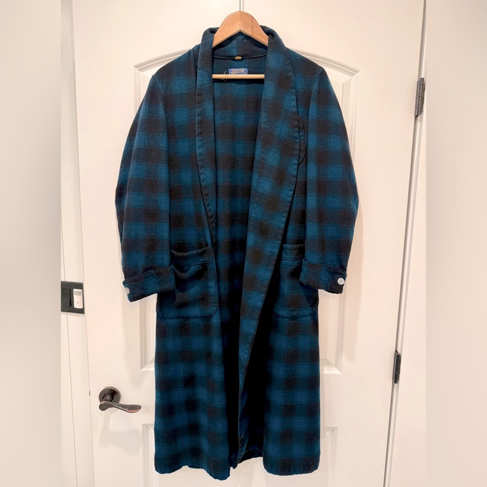Authentic Vintage Pendleton Black & Blue Plaid Wool Midi Robe (MISSING STRAP)